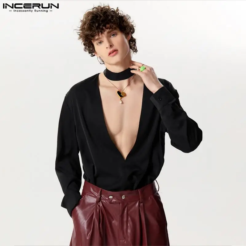 INCERUN Tops 2024 Spring Summer Shirt Mens Long Sleeve Tops Deep V Neck Sexy Shirts Clothing Stylish Casual Shirts Camisas S-5XL