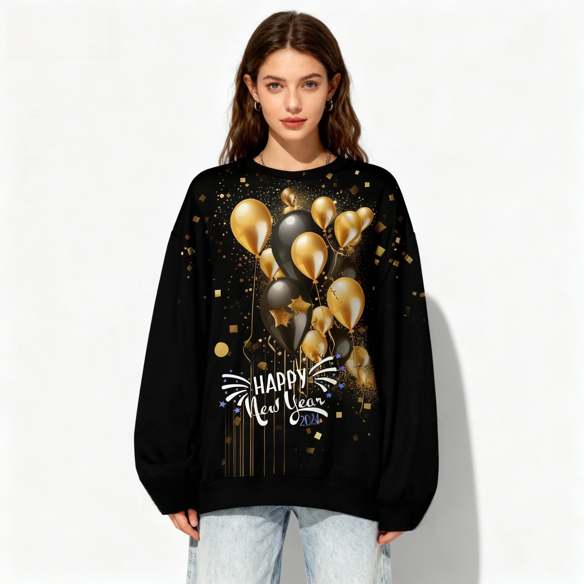 Spring and Autumn Hot Christmas Long Sleeved T-shirt 3D Round Neck Women's Adult Oversized Street Casual Daily Clothing