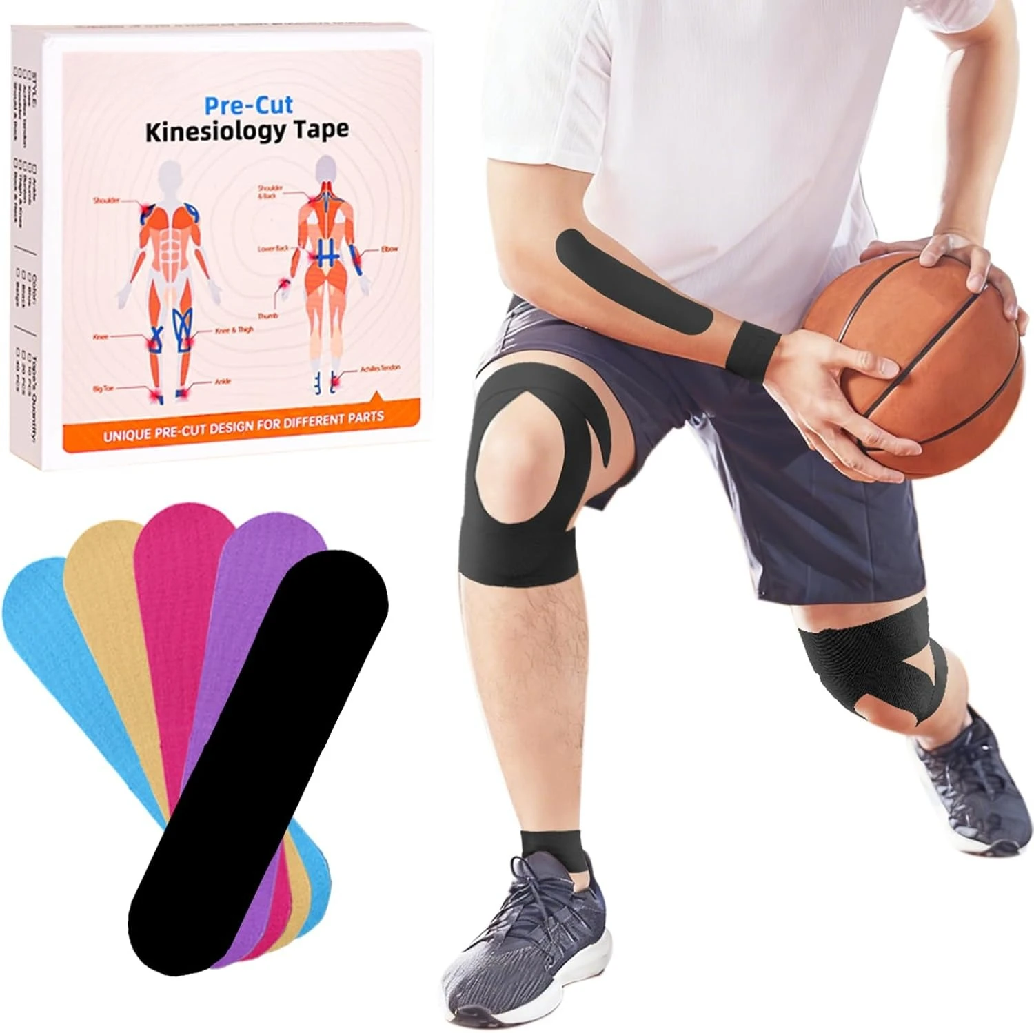 Kinesiology Tape 30 Count Precut Strips,  Waterproof & Breathable Athletic Tape | Muscle Pain Relief, Joint Support & Recovery
