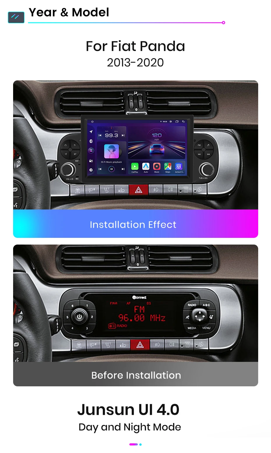 Junsun 7" Wireless Carplay Android Auto Autoradio für Fiat Panda 2013 2014 2015 2016-2020 Stereo GPS Multimedia Player 4G FM SWC – Detail 4
