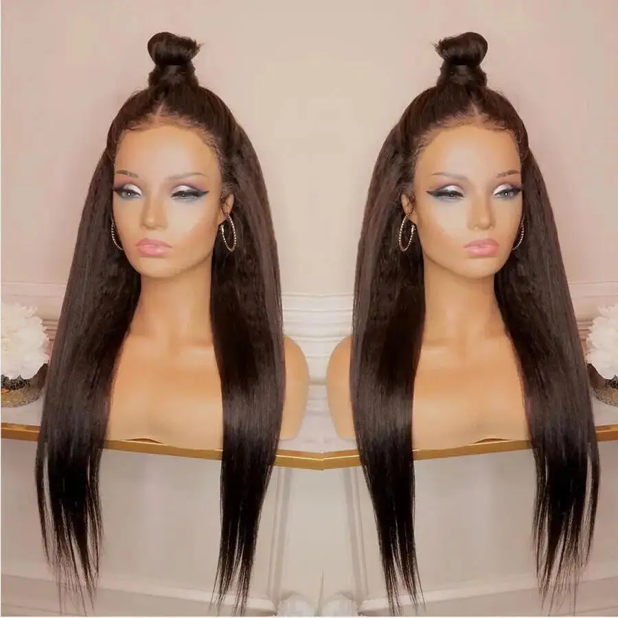 Kinky Straight Yaki Natural brown 24Inch Long Glueless Soft 13x4x1 Lace Front Wig For Women With Baby Hair Preplucked