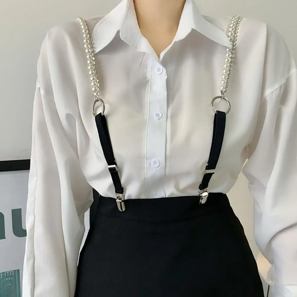 Women Suspender Belt Faux Pearl Shirt Decor Duck-Mouth Clip Back Strap Outwear Clothes Strap Chain Jewelry Suspender Strap Clip