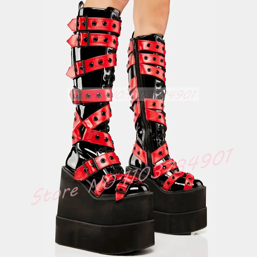 Red Buckle Strap Bondage Knee High Boots Women Double Stacked Wedge Platform Shoes Patent Festival Lolita Gothic Traitor Boots