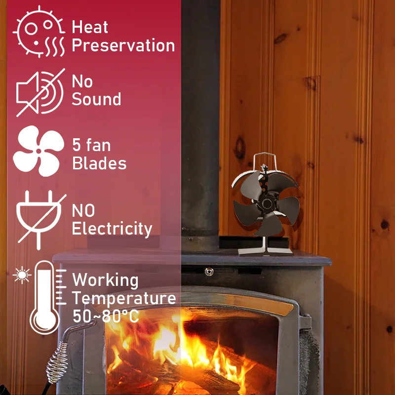 Black Mini 5 Blades Heat Powered Stove Fan Log Wood Burner Eco-fan Quiet Home Fireplace Fan Warmer Efficient Heat Distribution