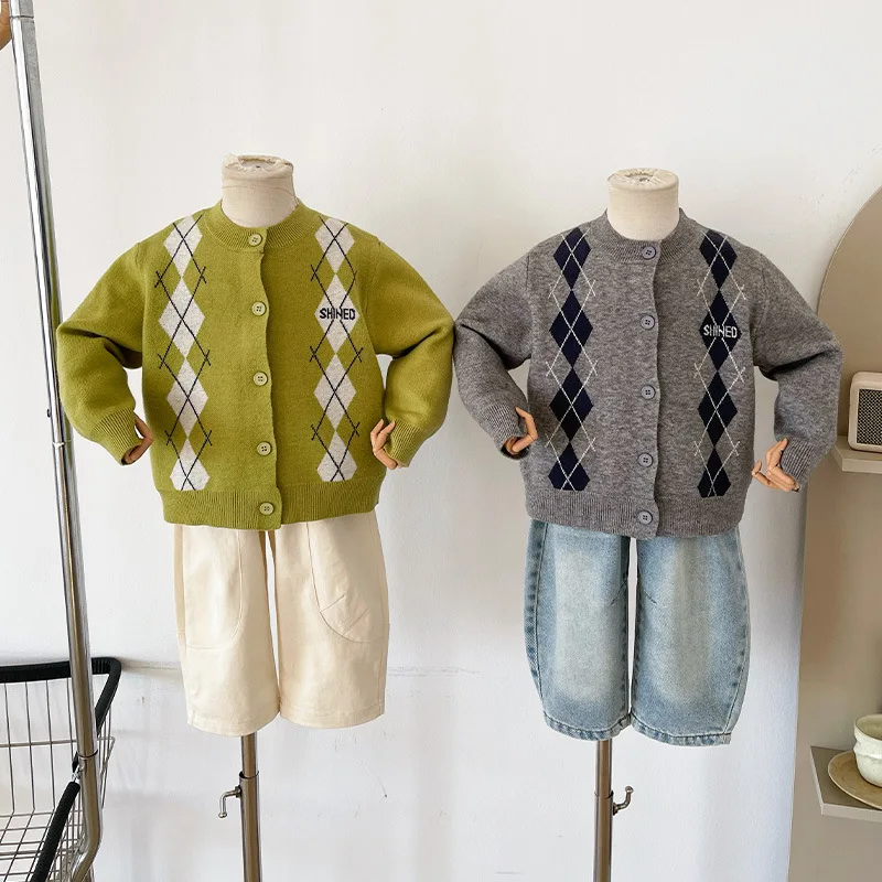 2026 Early Spring New Korean Style Versatile Kids Knitted Cardigan Ancient Plaid Sweater Jacket Boutique Clothing Simple Style