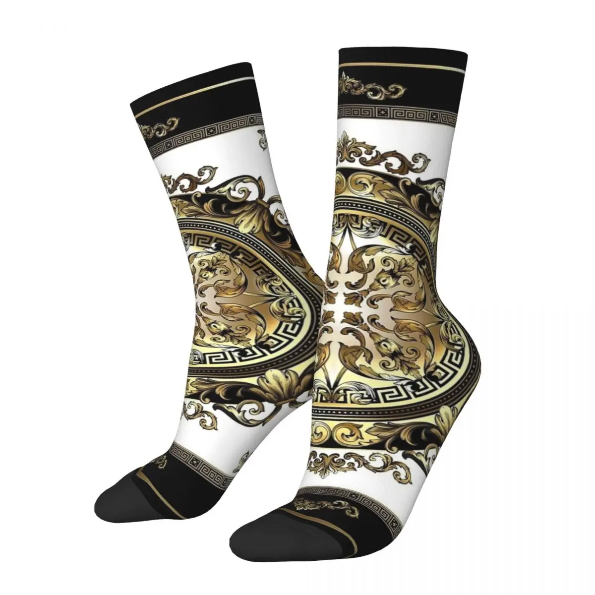 Funny Ornate Baroque White Gold Black Greek Key Meander Basketball Socks Polyester Crew Socks for Unisex Non-slip