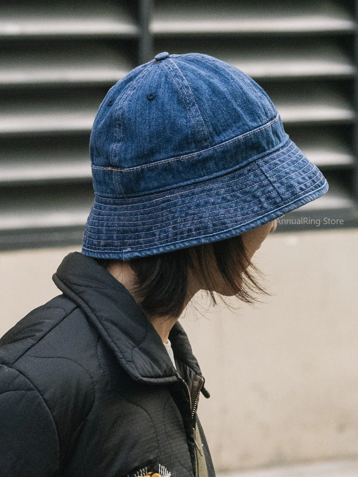 NON STOCK HBT Herringbone Denim Bucket Hat, Outdoor Flat Brim Basin Cap Blue Washed Round Top Fishing Hat Unisex
