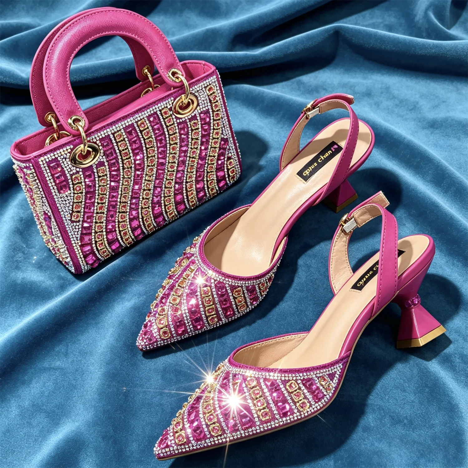 Luxury Red Crystal Rhinestone Shoes And Bag Set Women Pointed Slingback Mid Heels Matching Handbag For Wedding Party