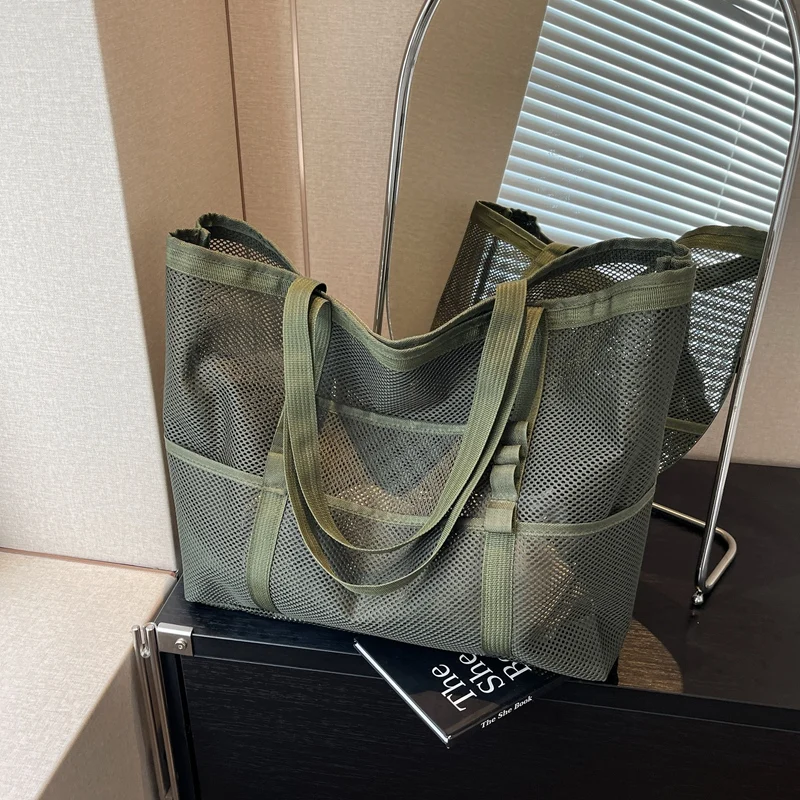 Borsa da spiaggia in tela di grande capacità borsa a tracolla Versatile per lo Shopping pendolarismo borsa vuota in rete semitrasparente leggera Embalaje