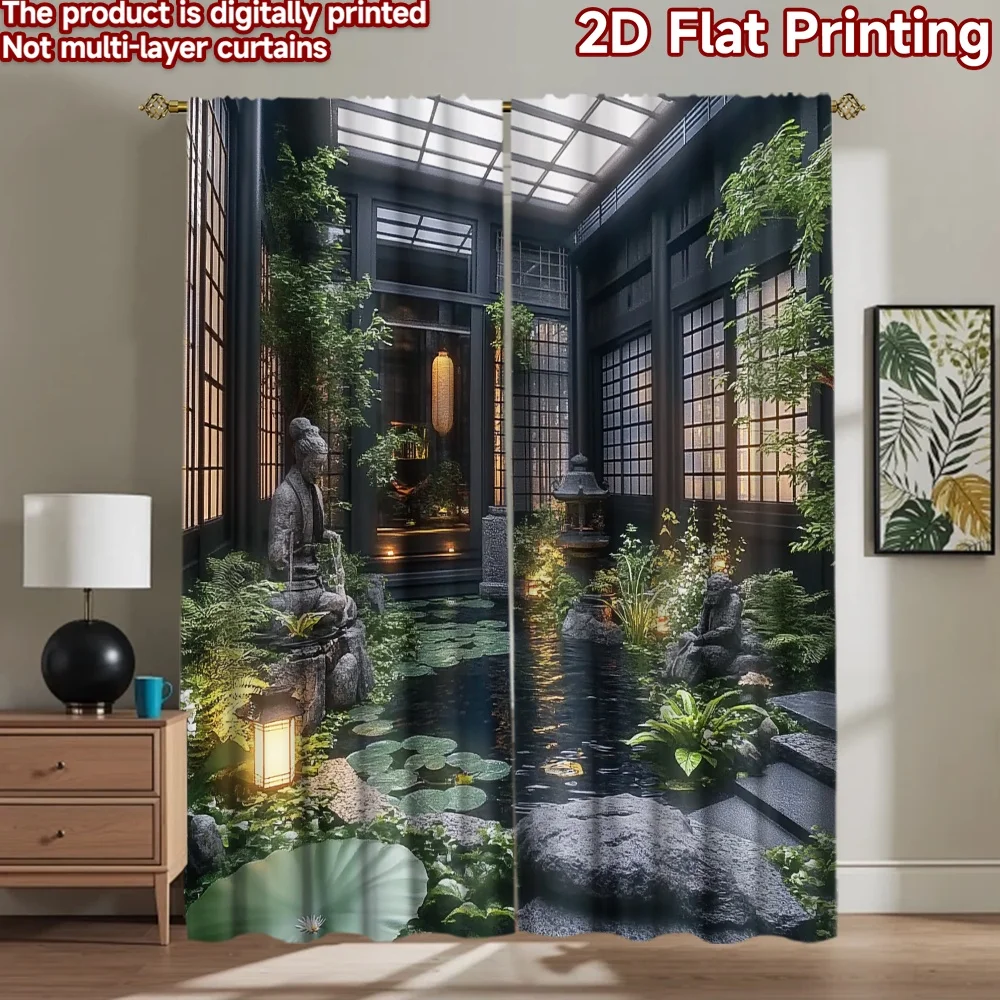 2D flat 2pcs Curtain Modern Minimalist Style Zen Courtyard Pond Durable polyester fiber Holiday Decorations Perfect for Room
