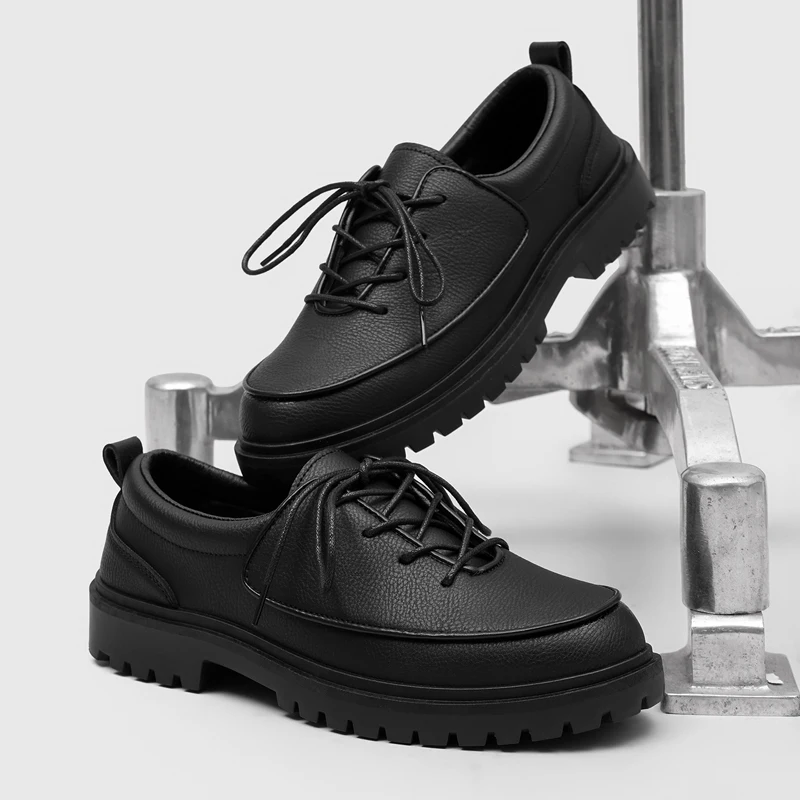 Men's Casual Leather Shoes Lace Up Thick Sole Business Daily Wear Platform Dress Shoes Black Work Shoes Classic Fashion Shoes