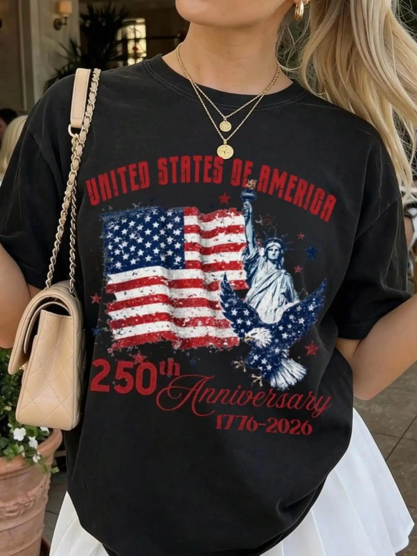 USA 250 Years Statue of Liberty & 250th Anniversary Bald Eagle Graphic T-Shirt Patriotic 4th of July Oversized Tops Y2k Top