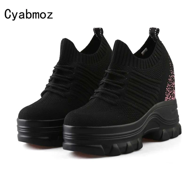 women height increasing sneakers 4 inch wedges pumps breathable mesh lady thick sole platform high heels 10 cm elevator shoes AliExpress