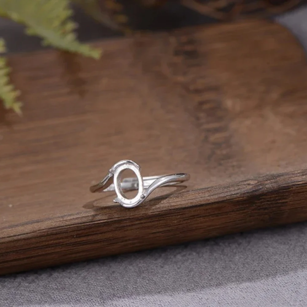 Ring Blank (6x8mm Oval Blank) Adjustable Long-Lasting White Gold Plated 925 Silver Ring Setting