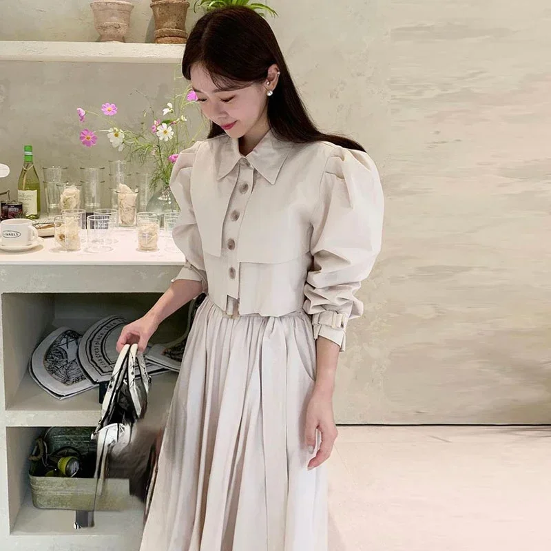 Korean Fashion Matching Sets Puff Sleeve Button Short Blouses High Waist Pleated Long Skirts Solid Color Design Women\'s Clothing