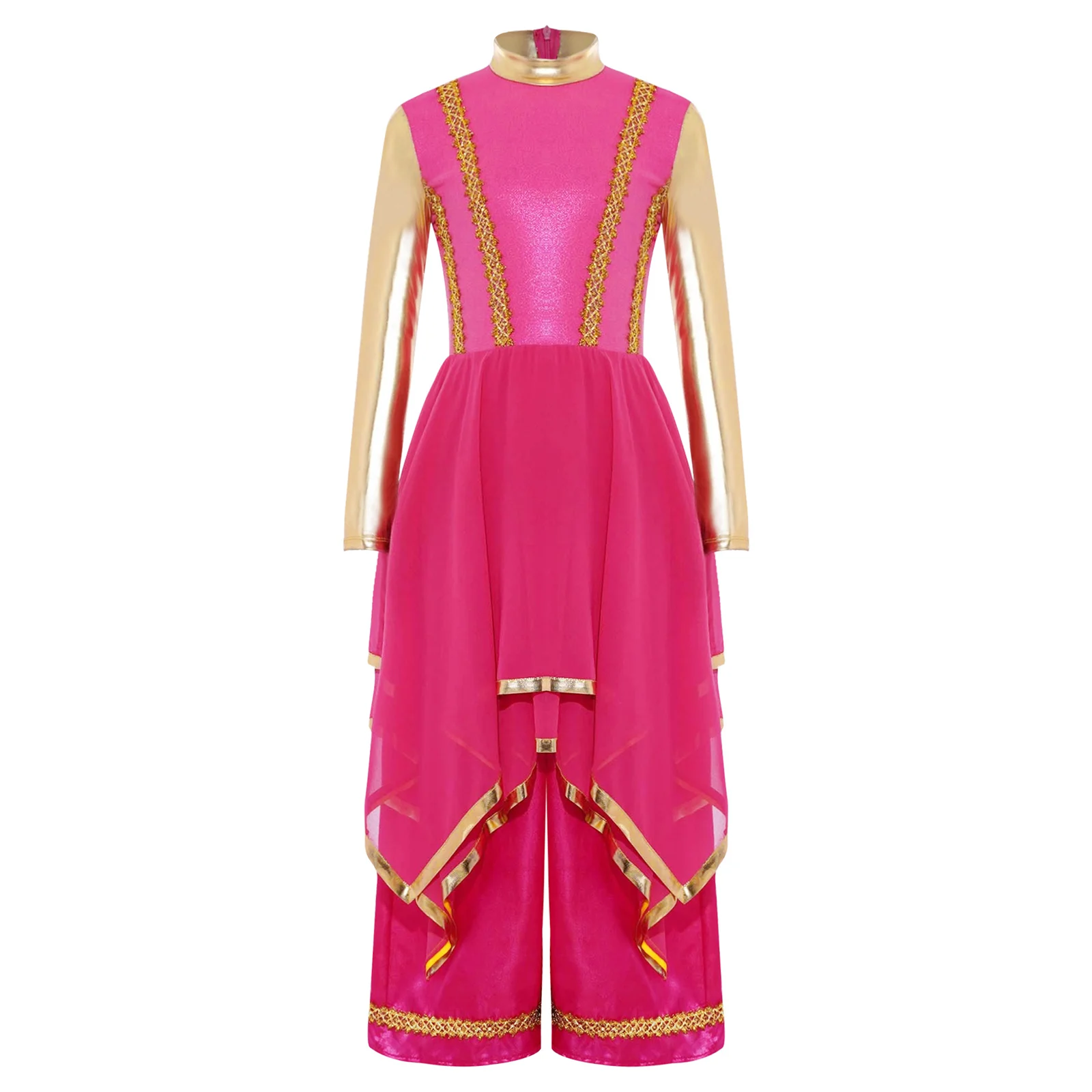 キッズガールズ礼拝典礼舞踊ドレス長袖ゴールドトリムメタリックカラーブロック不規則な裾ドレスとワイドレッグパンツ