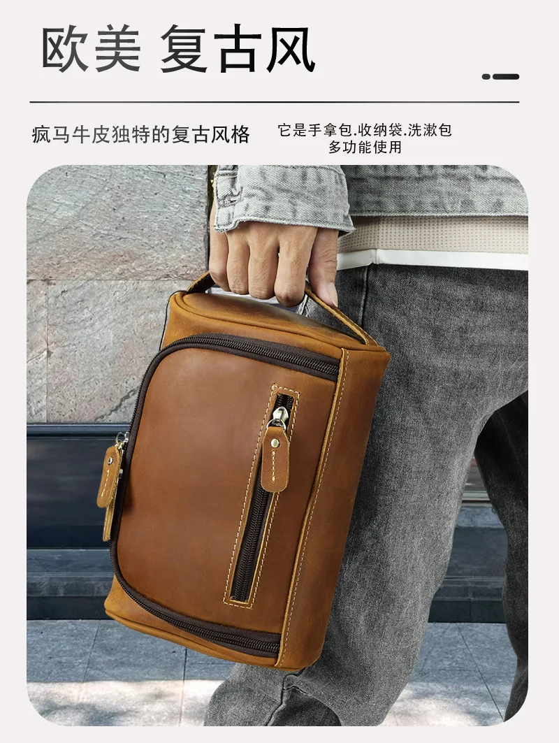 Genuine leather toiletry hand-held top layer cowhide makeup storage bag for men and women travel makeup bags Bolsa de maquillaje