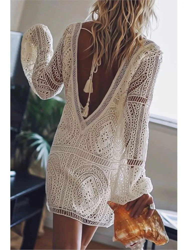

New Women Sexy Boho Hollow Out Backless Deep V Neck White Beach Dress Long Sleeve Lace Up Tassel Loose Holiday Casual Mini Dress