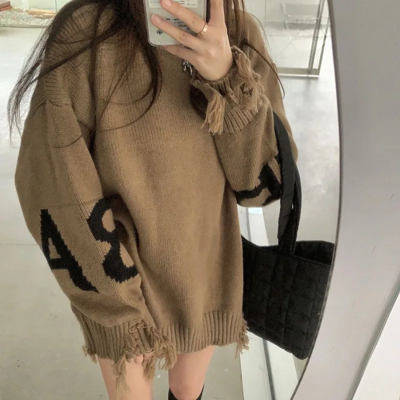 

Women Autumn Winter Print Letter Full Sleeve Tops Sweaters Round Neck Knitted Pullovers Loose Casual Regular Jumpers 2023