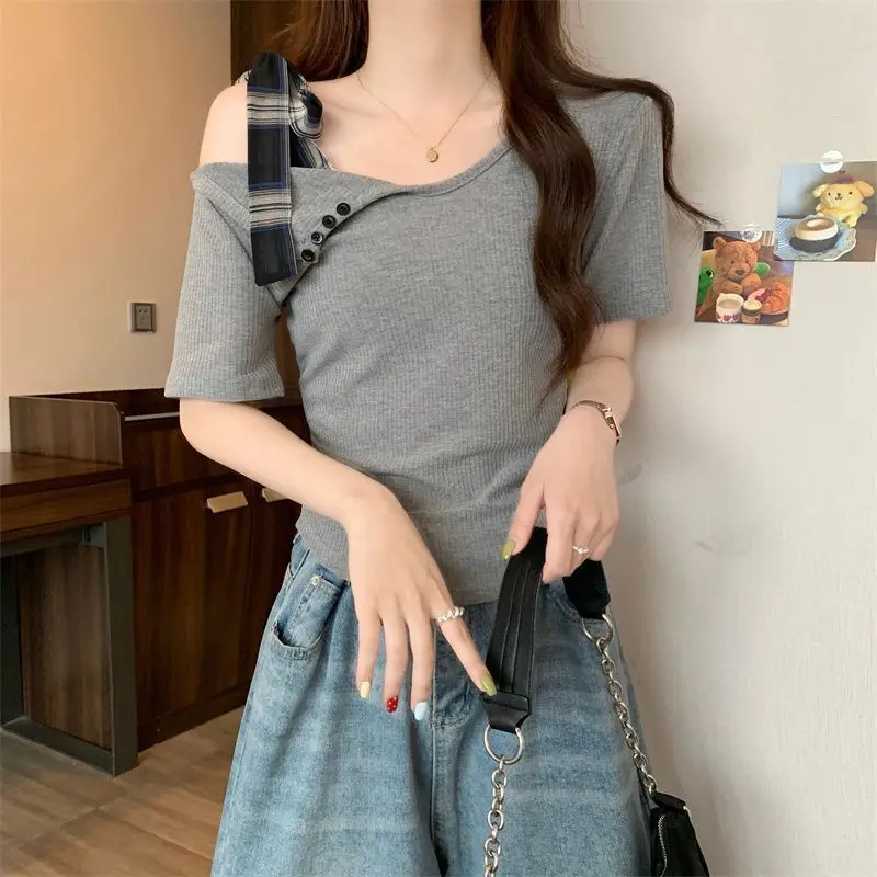 

Women Clothing Summer Fashion Korean Lacing Solid Color V-neck Ladies Simplicity Patchwork Appear Thin Short Sleeve Slim Top Tee