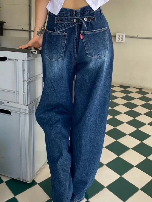 

Retro High Waist Straight Leg Jeans Women's Loose Fit Casual Long Trousers Button Closure Commute Style Four Seasons Universal