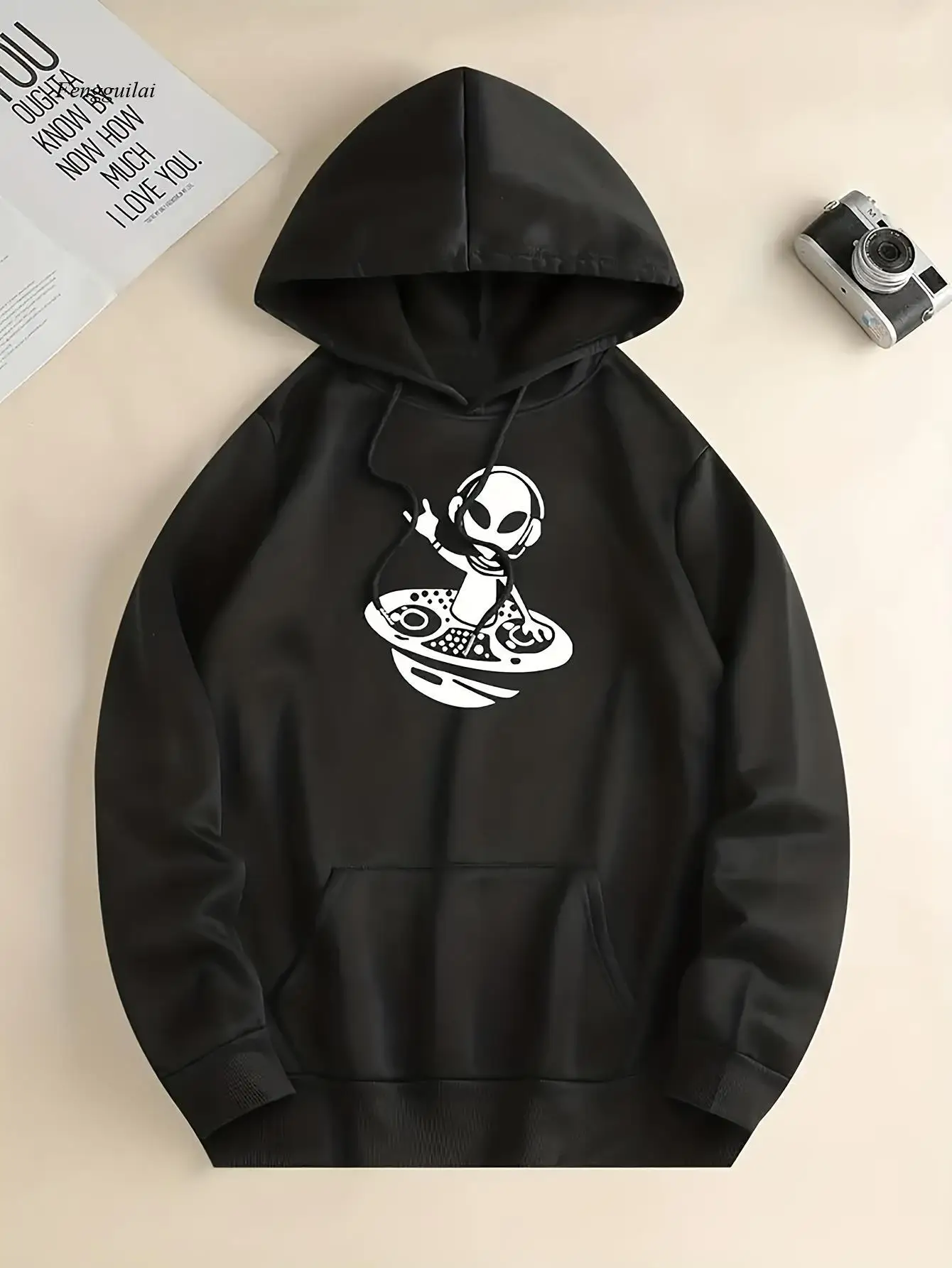 Sci-fi Trendy Alien DJ Pattern Black Hooded Sweatshirt, Start A Trendy Sci-fi Journey, Casual Long-sleeved Pullover