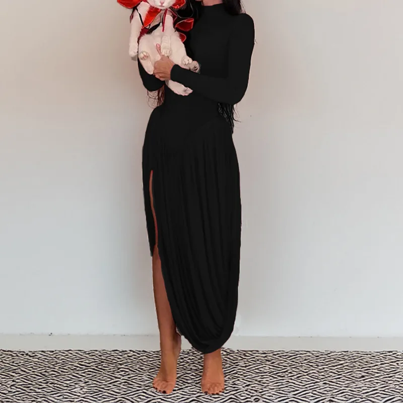 

TOY-2025Spring New Solid Color High Neck Long Sleeve Slim Fit Split Elegant Fashion Dress