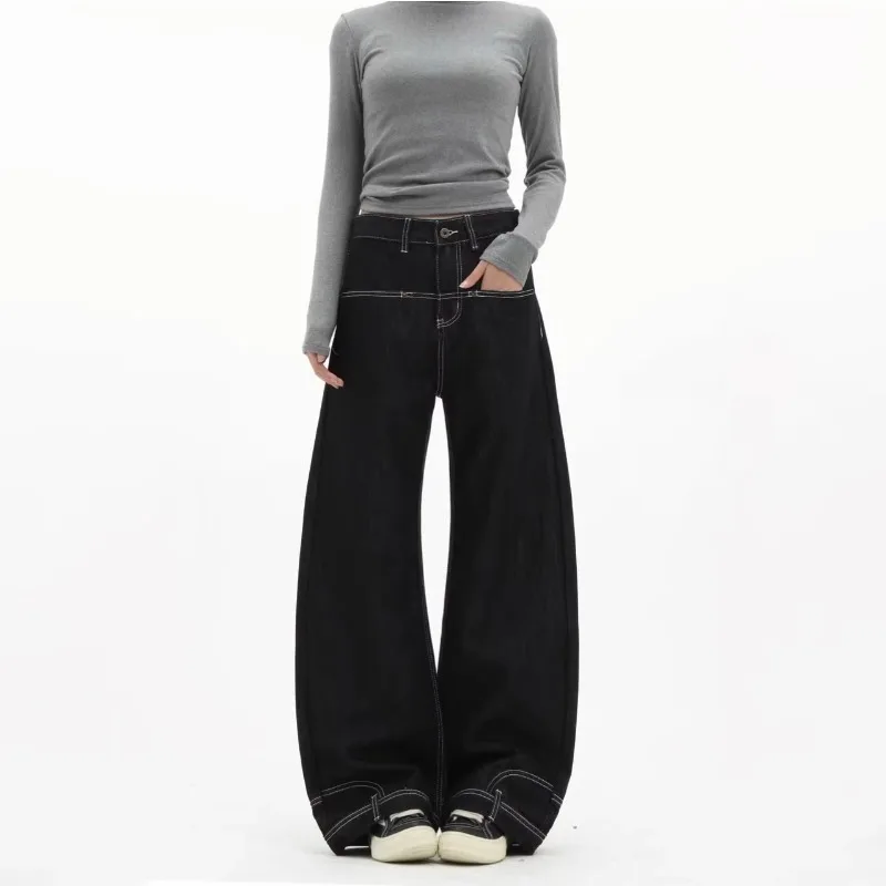 Unisex Raw Black Denim Wide Leg Jeans Contrast White Stitching Back Patch Letter Print Loose Baggy Casual Streetwear Trousers
