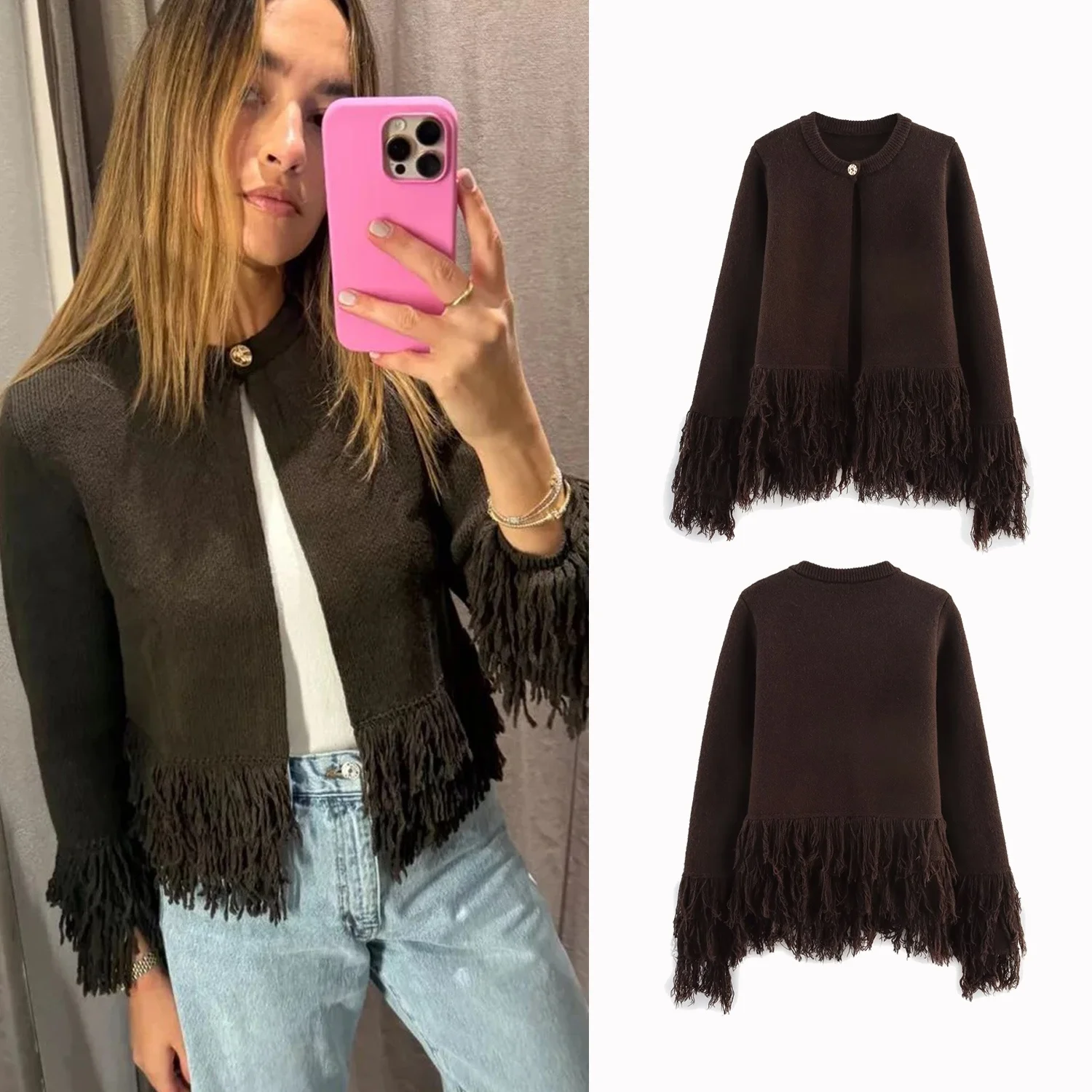 

Autumn Winter Women's Knitted Cardigan Coat 2025 Retro Hem Tassel Design Coats Women O-Neck Single Button Knit Sweater