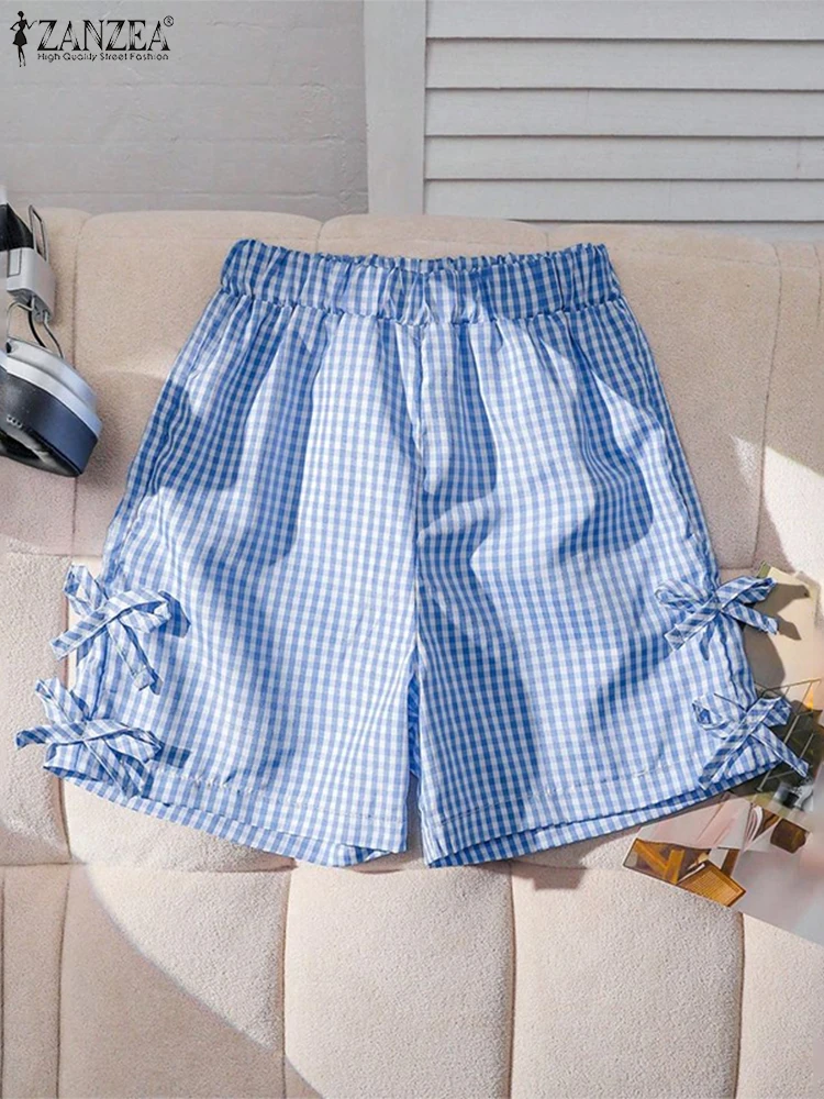 ZANZEA Dames zomershorts met strik geruite shorts Fashion Party wijde pijpen broek Korte broek Dameskleding Oversize streetwear