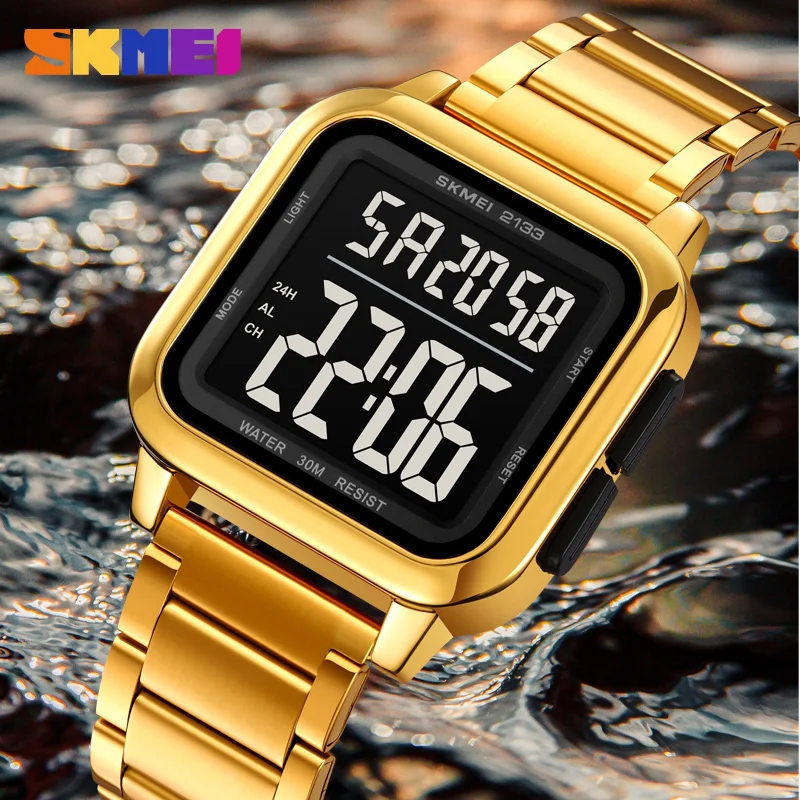 SKMEI Original Watch Stainless Steel Digital Wristwatch Countdown Stopwatch Sport Watches for Man 5 Alarm Clock Waterproof 2133