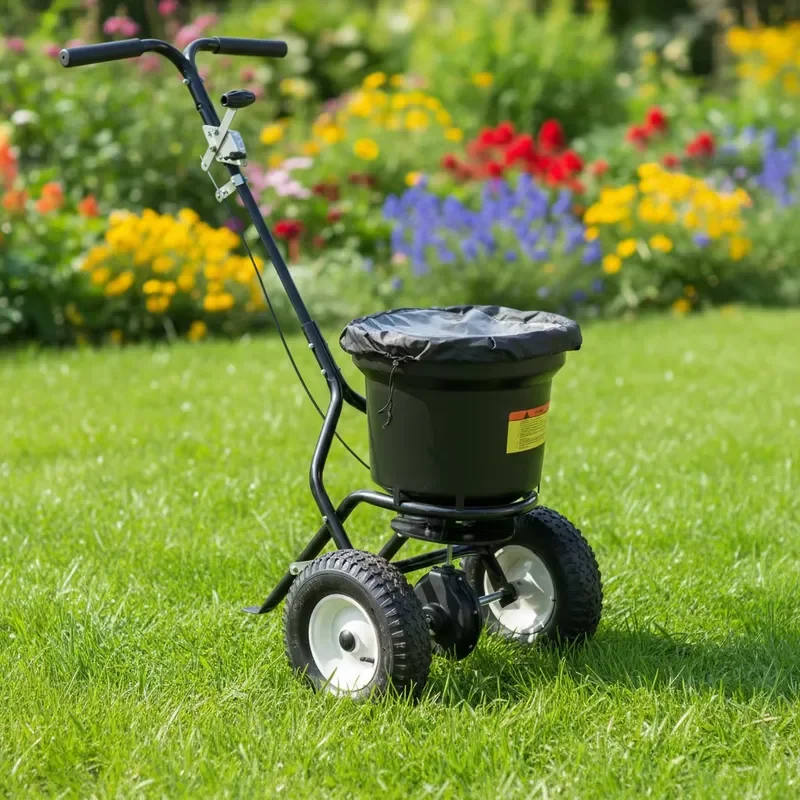 23KGS Walk Behind Spreader with Screen & Rain Cover Adjustable Hand Push Spreader for Grass Seed, Salt & Ice Melt