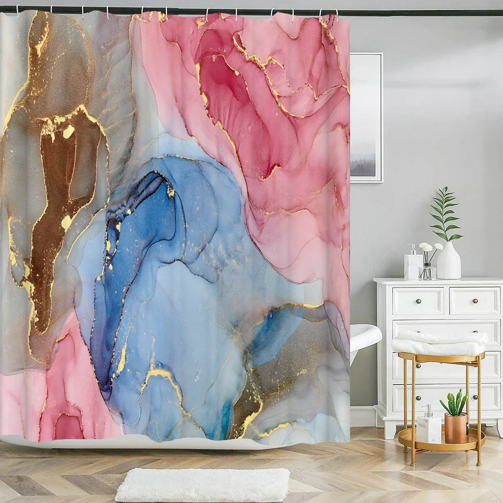 Colorful Abstract Marble Geometric Pattern Fabric Shower Curtain Bathroom Curtains Decor Waterproof Bath Screen With 12 Hooks