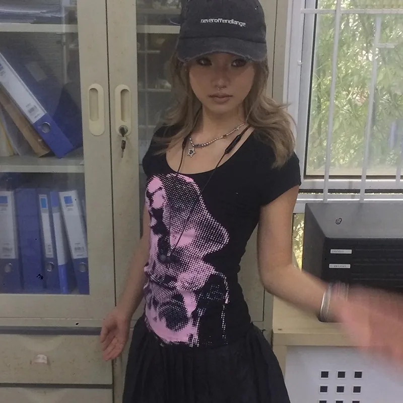 Karrram Trashy Y2k Tops Japanese 2000s Aesthetics Short Sleeve T-shirt Vintage Harajuku Graphic T Shirts Grunge American Retro
