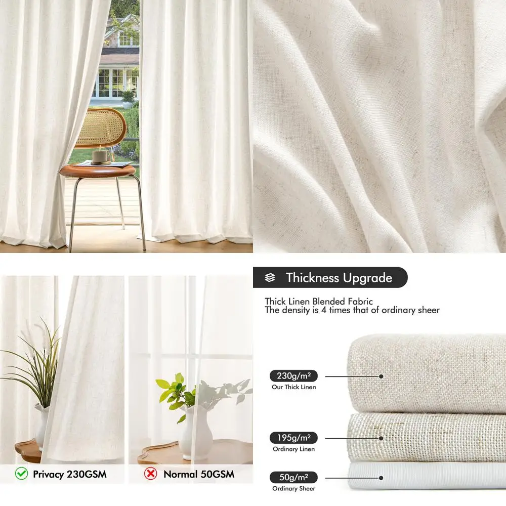 

Farmhouse Style Linen Curtains, Semi-Sheer Privacy with Back Tab Design, 2-Panel Light Filtering