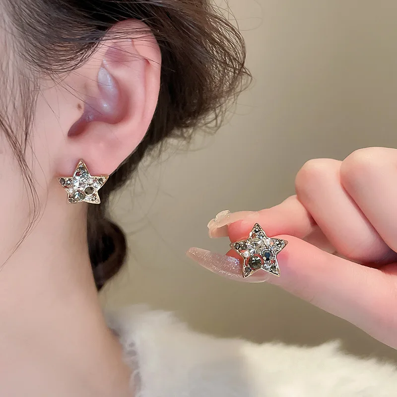 Light luxury style diamond-set imitation pearl five-pointed star silver needle earrings, super flash high-end temperament  women