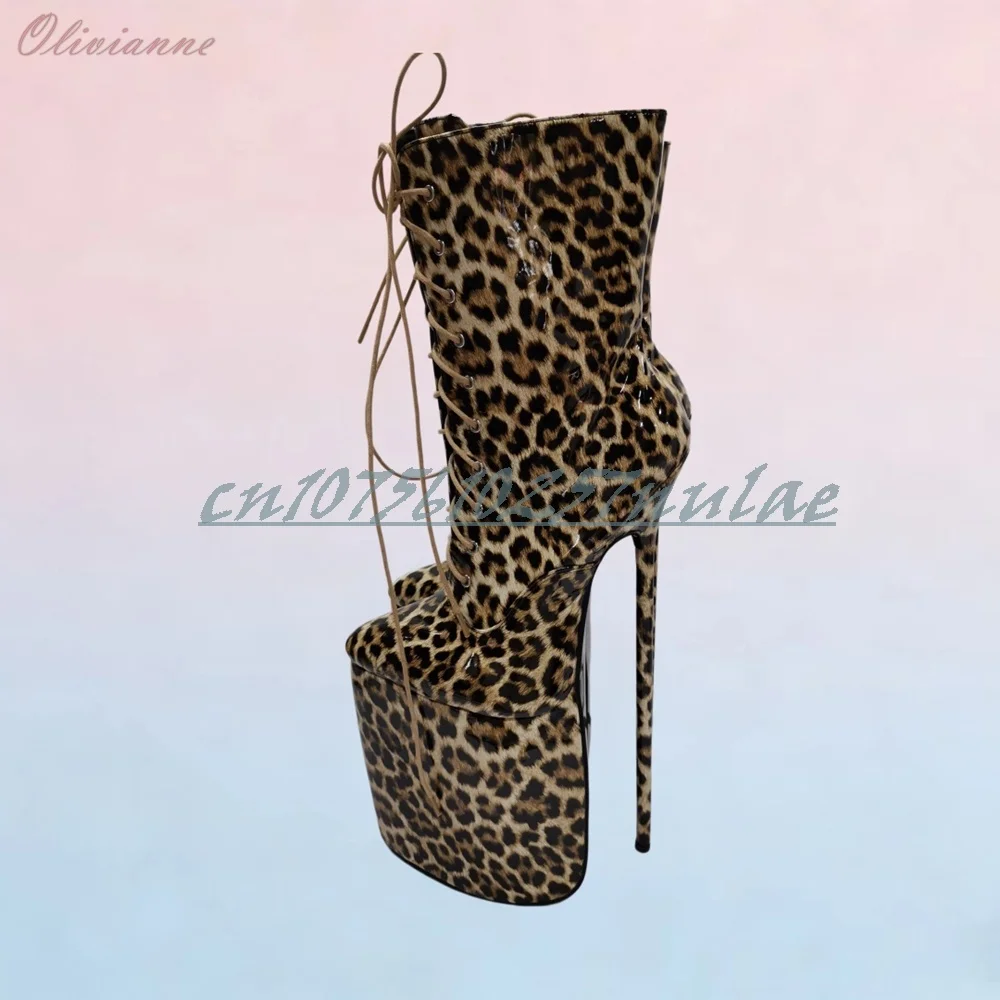 Sexy Leopard Print Front Lace-up Mid Calf Boots Pointy Platform 30cm Stiletto High Heel Women Shoes 2026 Women Dance Shoes
