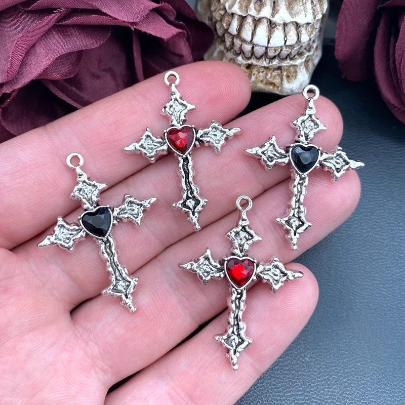 6pcs 38*28mm Punk Heart Cross Charm Goth Red Crystal Cross Pendant Designer Charms Fit Jewelry Making DIY Jewelry Findings