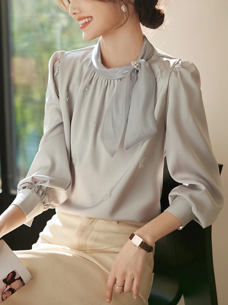 Bow Satin Chiffon Shirts Spring Fall Long Sleeve Blouse Women 2025 New Office Ladies Shirts Korean Fashion Loose Casual Tops