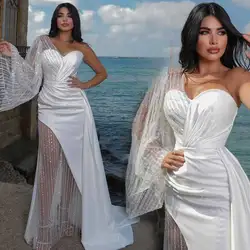 Özelleştirilmiş Muhteşem Bir Omuz Gelinlik Patchwork Pileli Sevgiliye Flare Uzun Kollu Dantel kadın Backless Vestido De