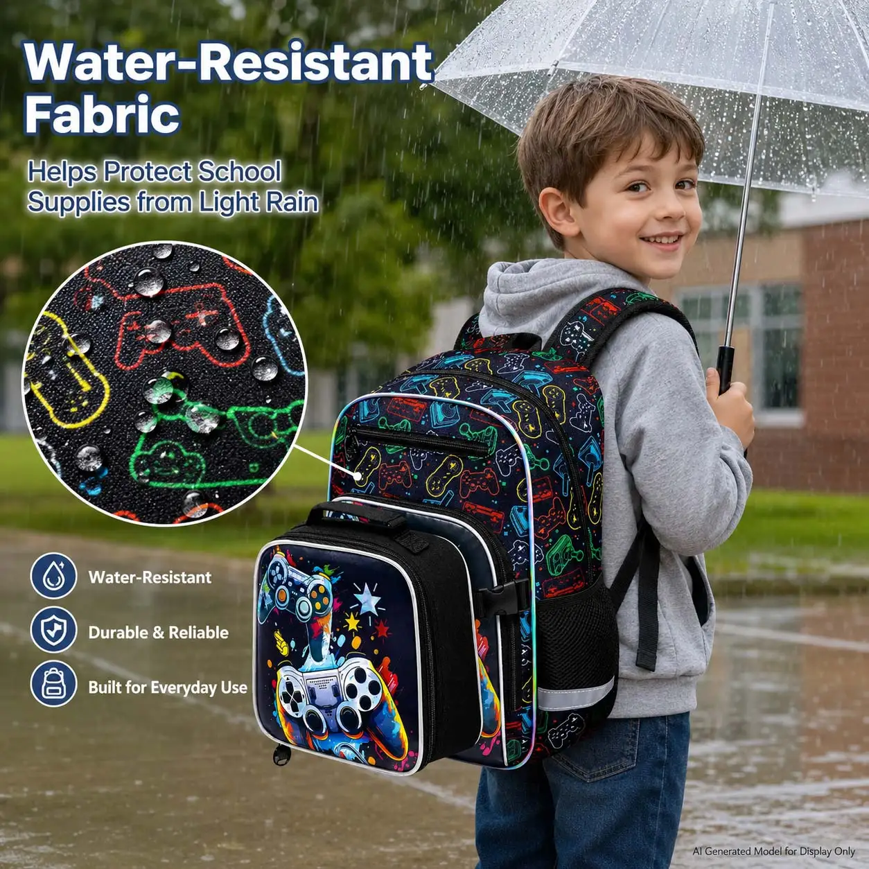 3Pcs Backpack for Boys, Cool Video Game Controller School Bag Set with Lunch Box & Pencil Case, Kids Bookbag Back to School image 6