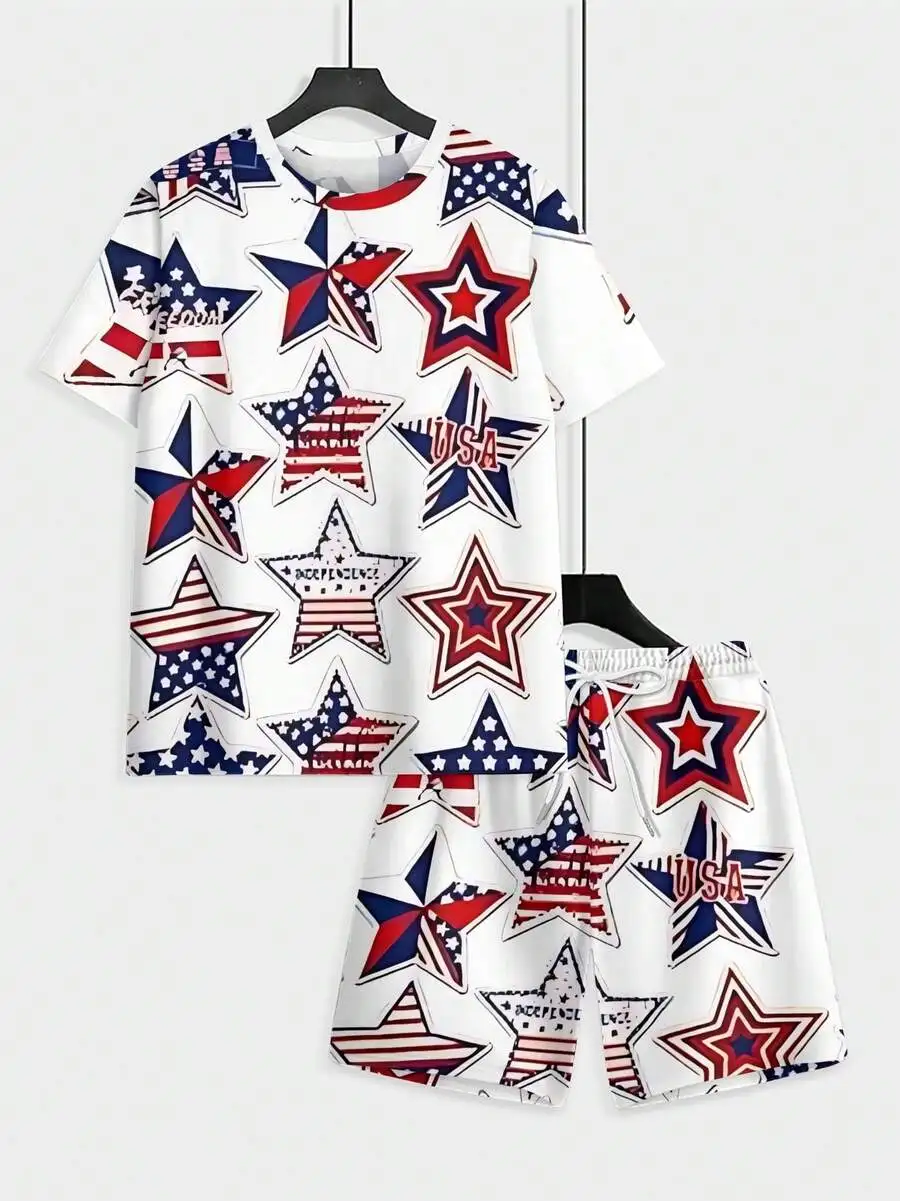 

White Mens Patriotic Two-Piece Set Featuring USA Stars And Flag Print, Casual Summer Knit Outfit For Independence Day