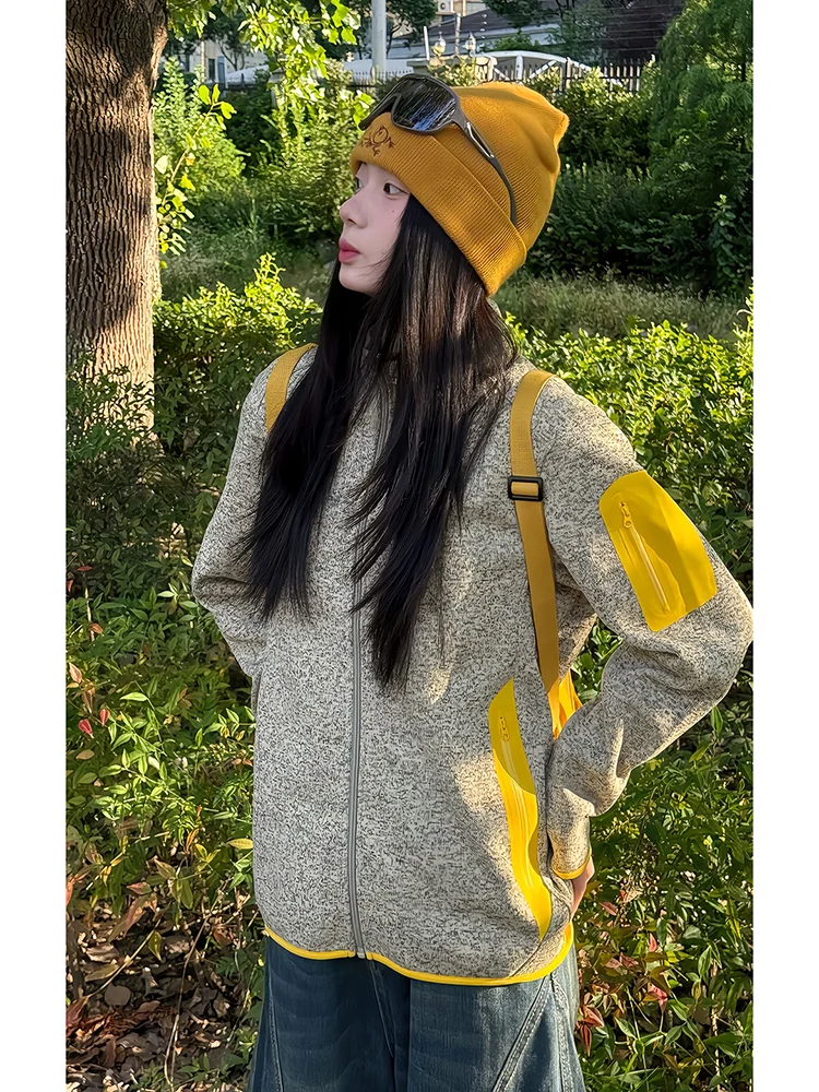 American Color Blo Zipper Fce Sweatirt Women's Outdoor Climbing Cycling Sport Jaet Couple Layering Base irt