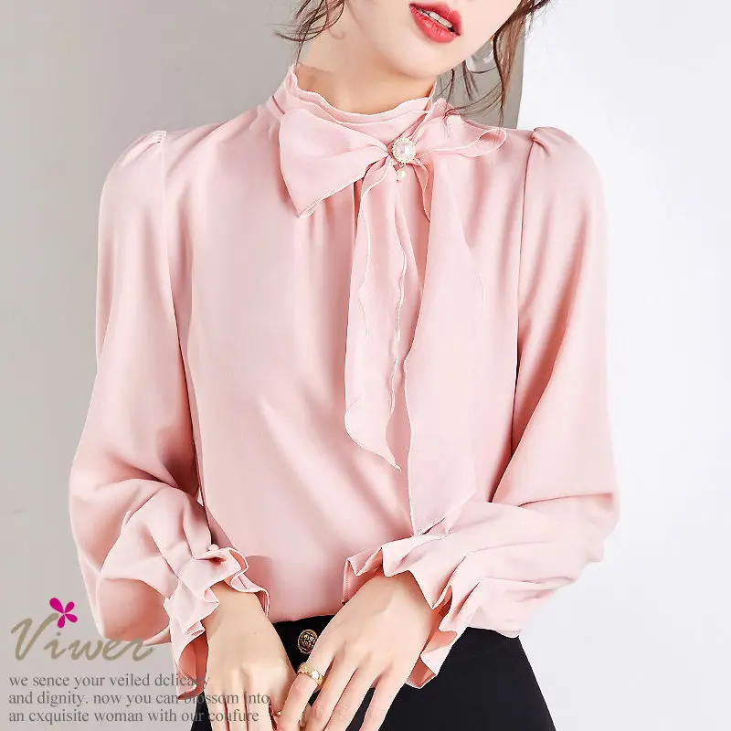 Office Lady 2023 Spring Autumn Solid Color All-match Stand Collar Blouse Fashion Bow Three-dimensional Decoration Ruffles Shirt