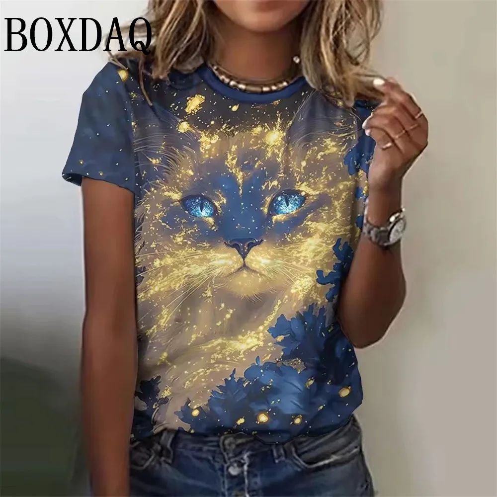 

Крутая женская футболка с короткими рукавами и круглым вырезом с животными, летние уличные повседневные топы, женская одежда с принтом тай-дай и кота, новинка 2023 г.