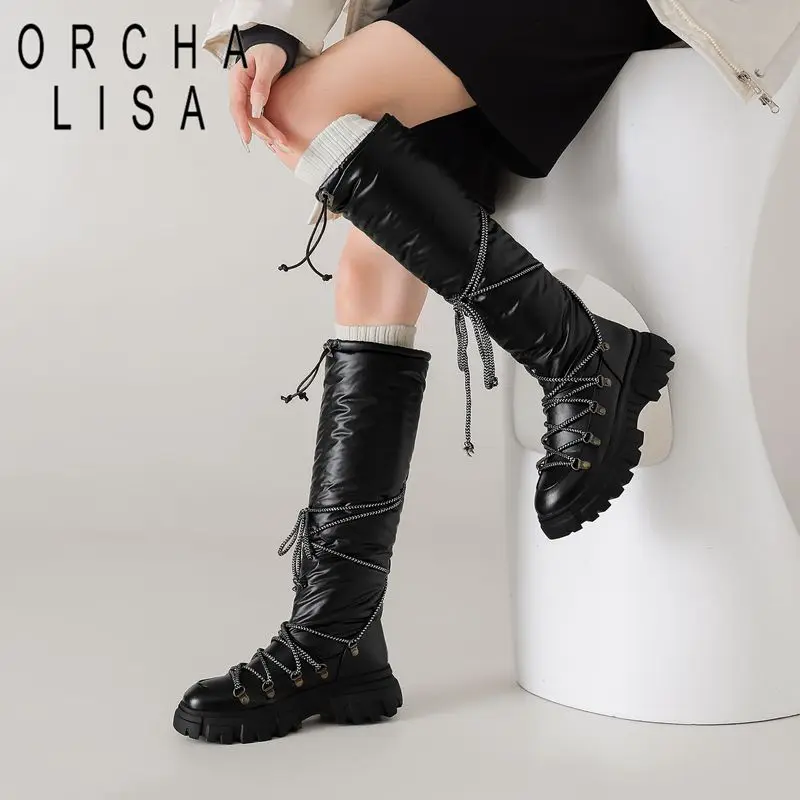 ORCHA LISA Womens Frosty Snow Long Booties Cold Weather Shoes Circular Toe 5.5cm Sturdy Heel String Up Tall PLus Size 41 42 43