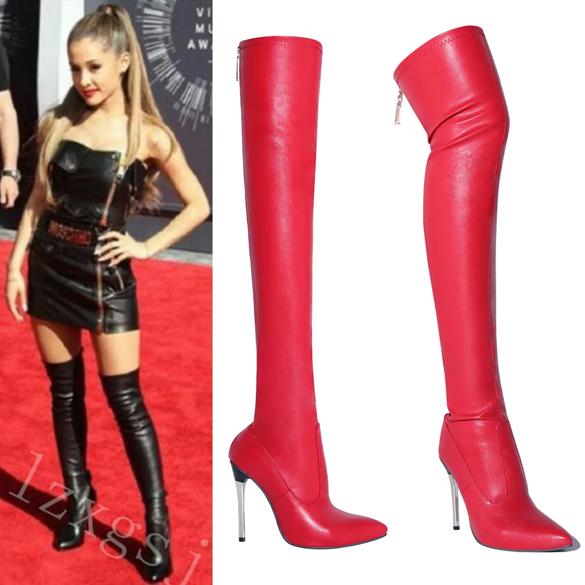 New Black Women\'s Boots Fashionable Solid Color Thin High Heel Metal Back Zipper Over Knee Boots for Women