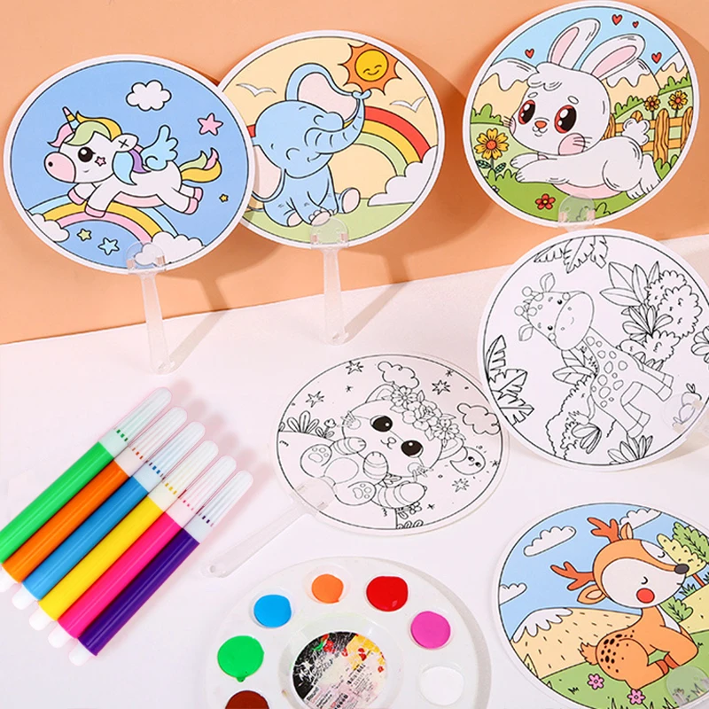 5/10pcs Graffiti Fan Paper Handmade DIY Material Party Favors Cartoon Animal Pattern Children Day Festival Gathering Gifts TMZ