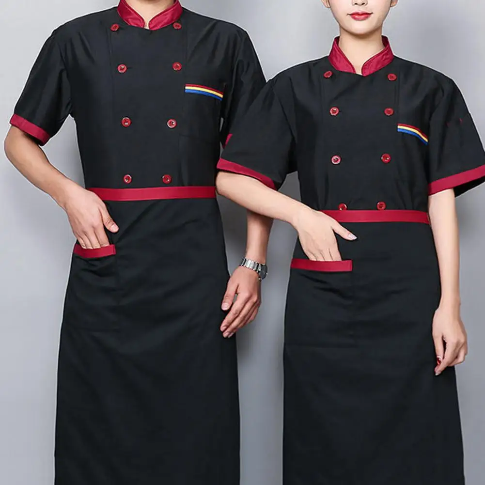 Unisex Chef Jacket Color Matching Double Breasted Short Sleeve Stand Collar Food Service Uniform Chef Shirt Waiter Top for Kitch