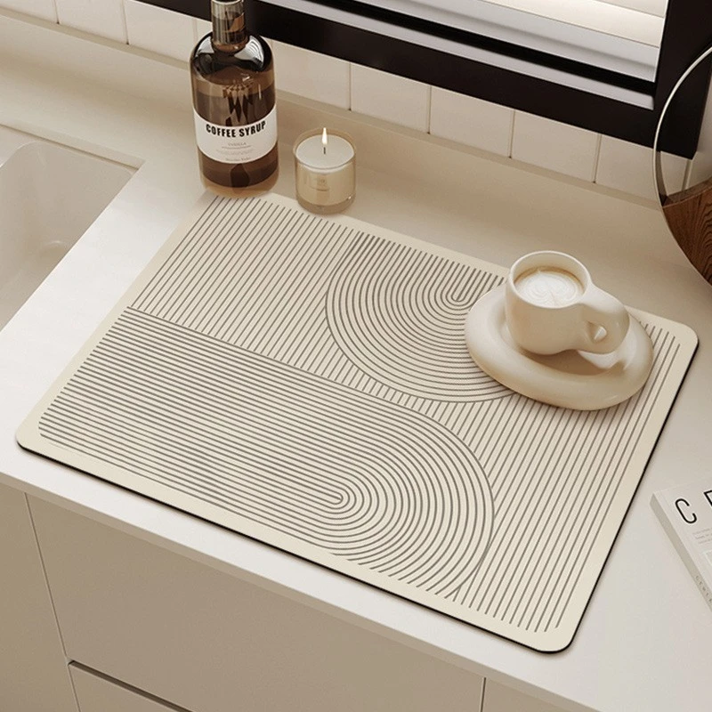 VIKAMA Kitchen Drain Mat Beige Black Stripe Coffee Non Slip Absorbent Washable Durable Easy Clean Quick Dry Thick Waterproof